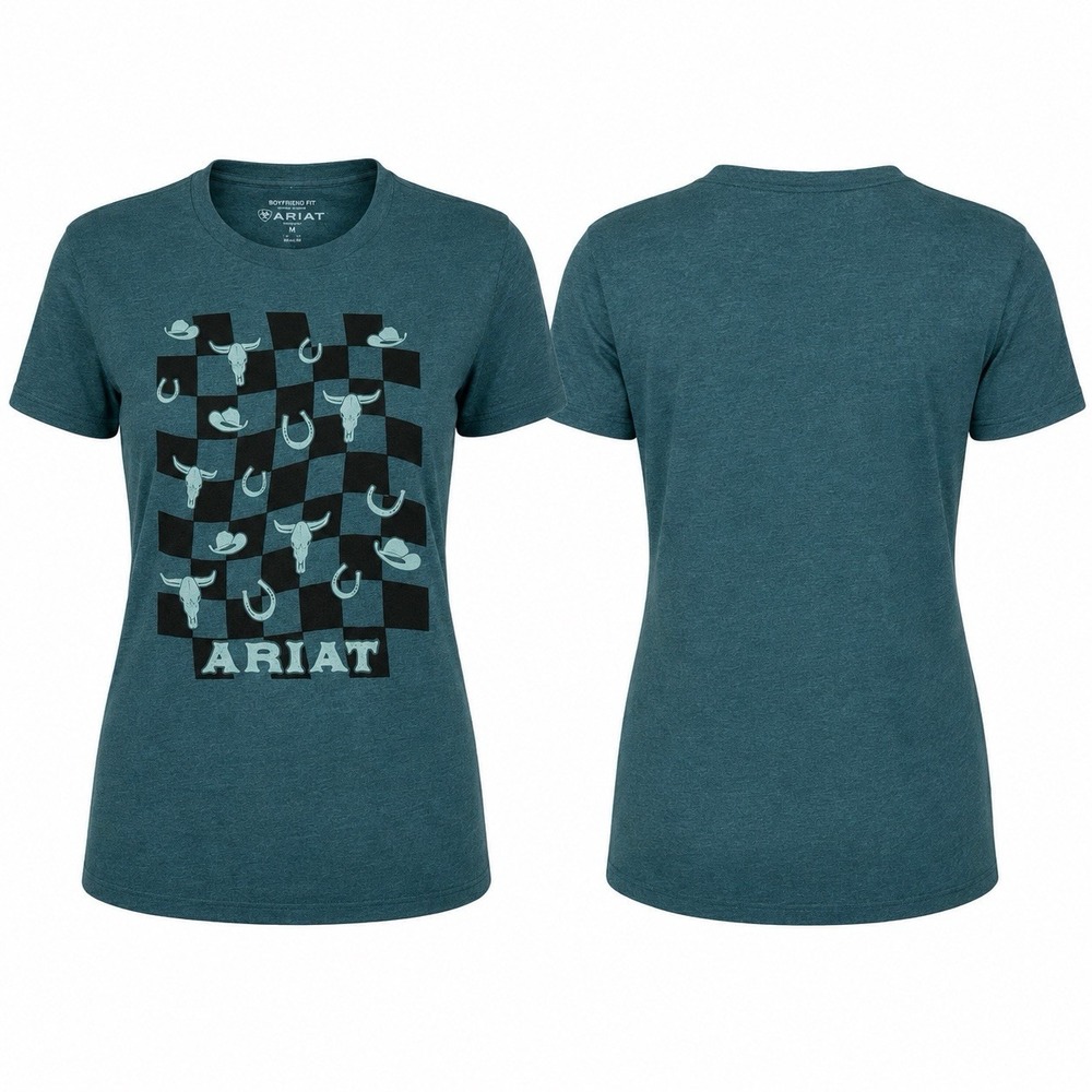 Ariat Western Checkers Graphic T Shirt Womens Medium Teal Heather 10051770 NWT